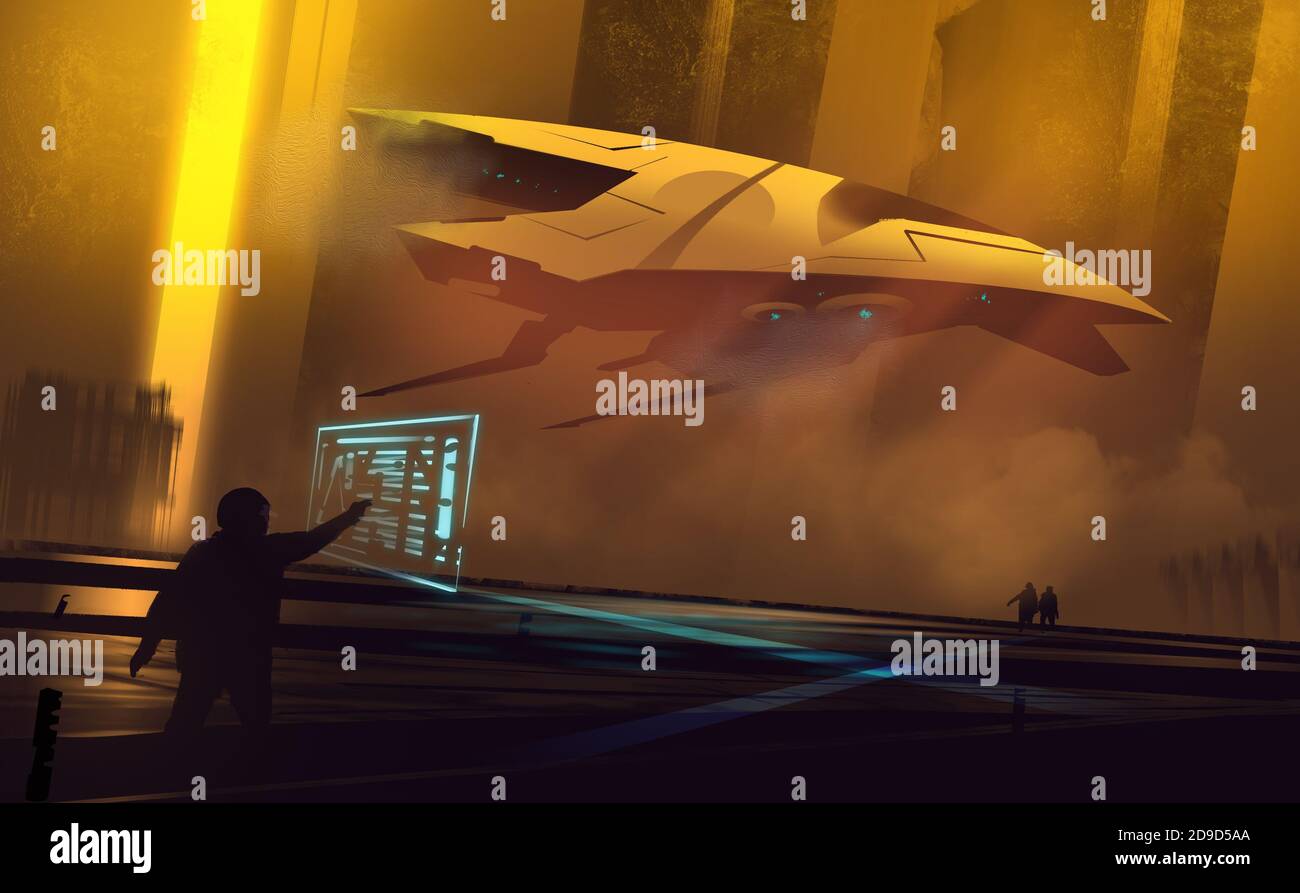 Illustration numérique peinture style design un vaisseau spatial est dans la grotte de l'étranger, contre les astronautes qui y travaillent. Banque D'Images