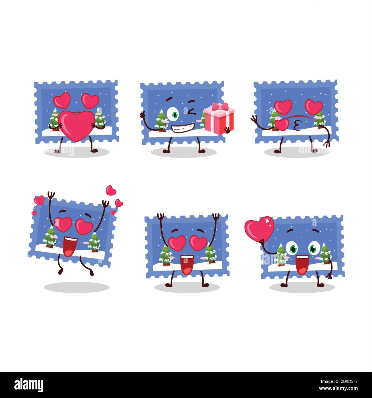 Paysage noël billet personnage de dessin animé avec amour adorable émoticône Illustration de Vecteur