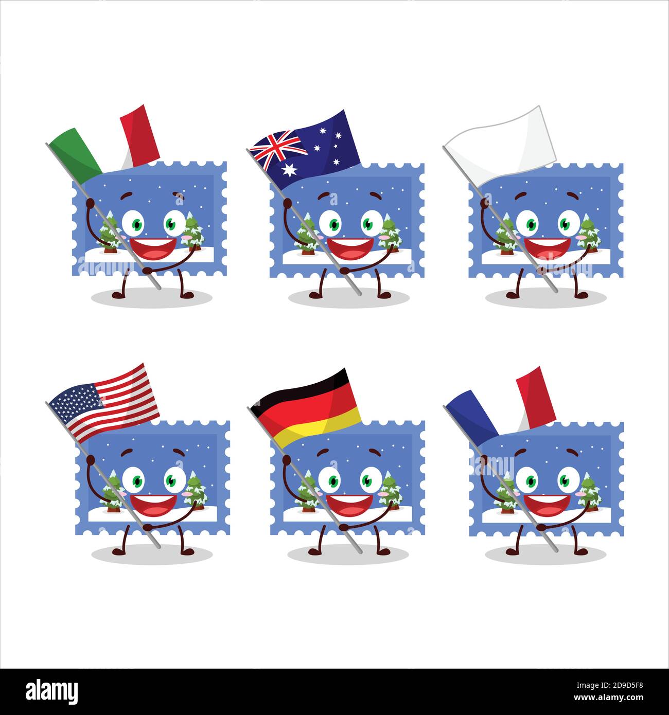 Paysage de noël personnage de dessin animé de billet apporter les drapeaux de divers pays Illustration de Vecteur