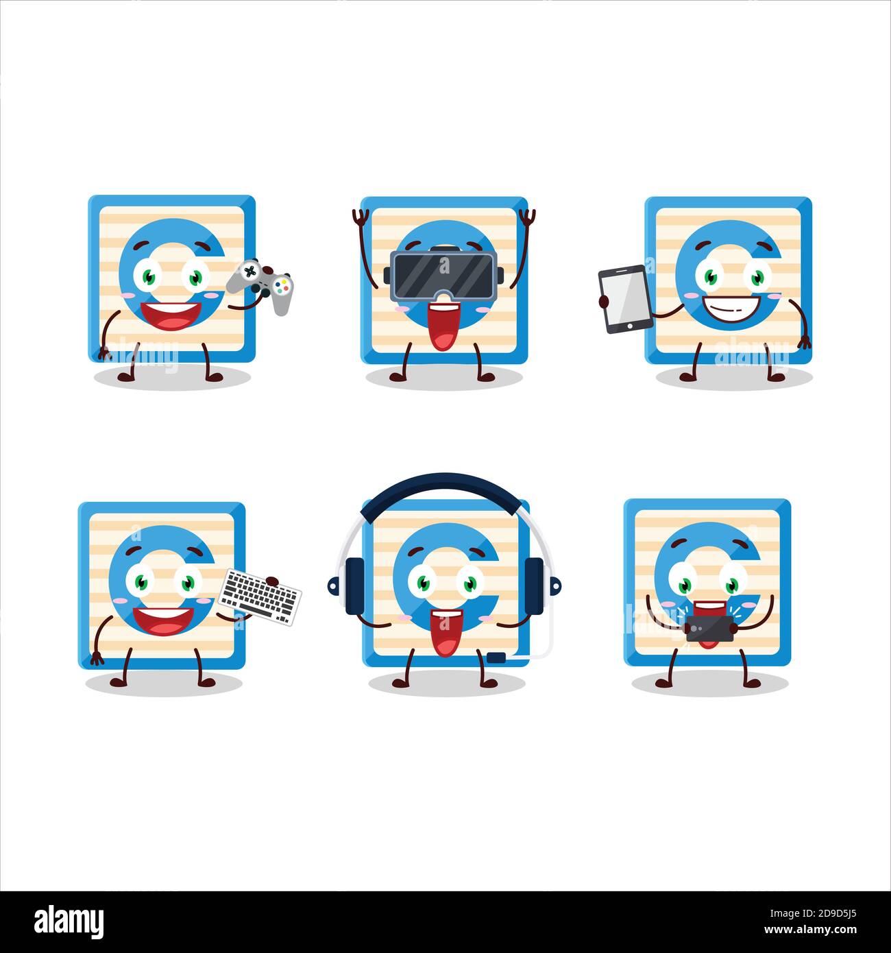 Le personnage de dessin animé du bloc de jouets C joue à des jeux avec divers émoticônes mignons Illustration de Vecteur