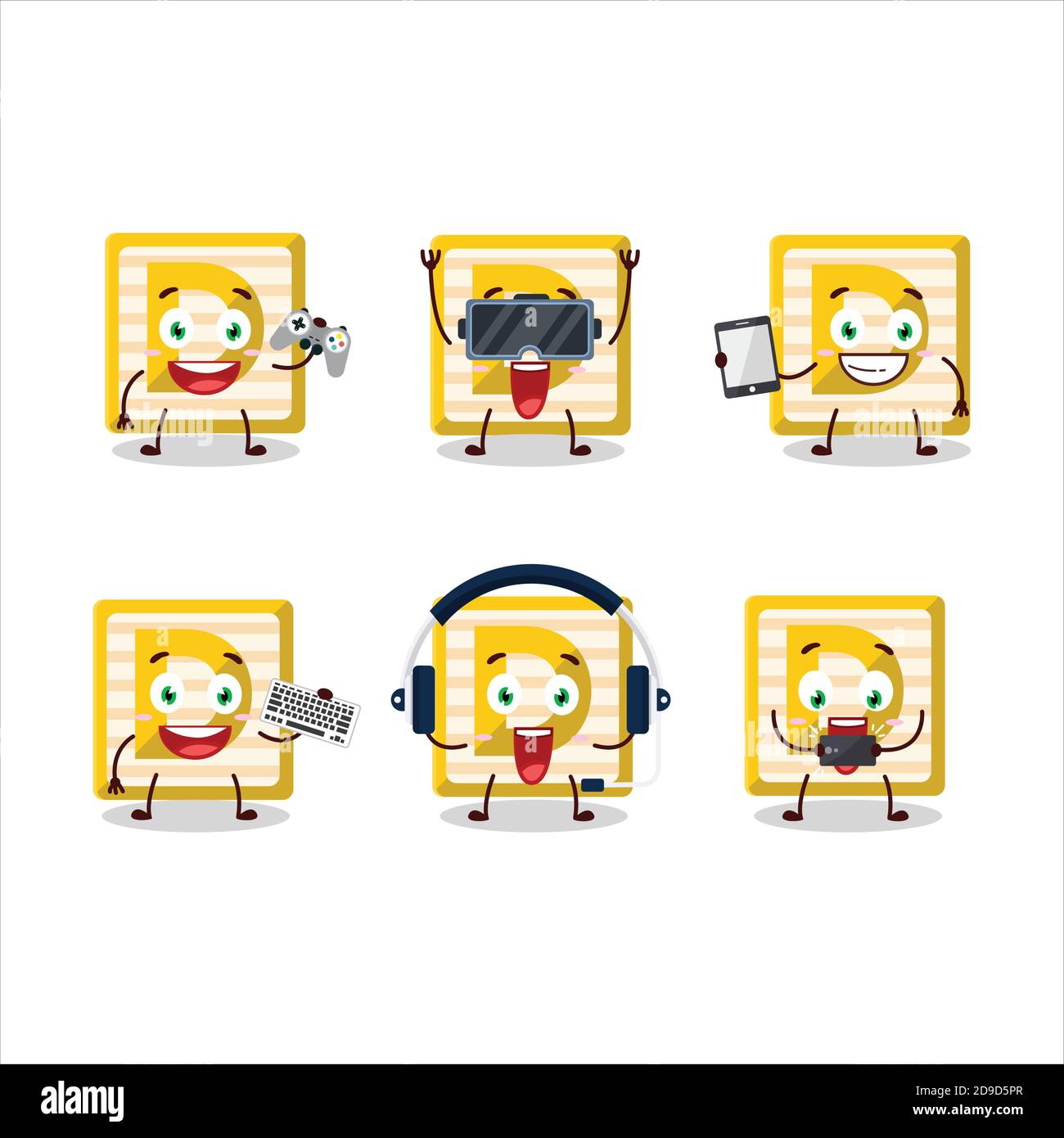 Le personnage de dessin animé du bloc de jouets D joue à des jeux avec divers émoticônes mignons Illustration de Vecteur
