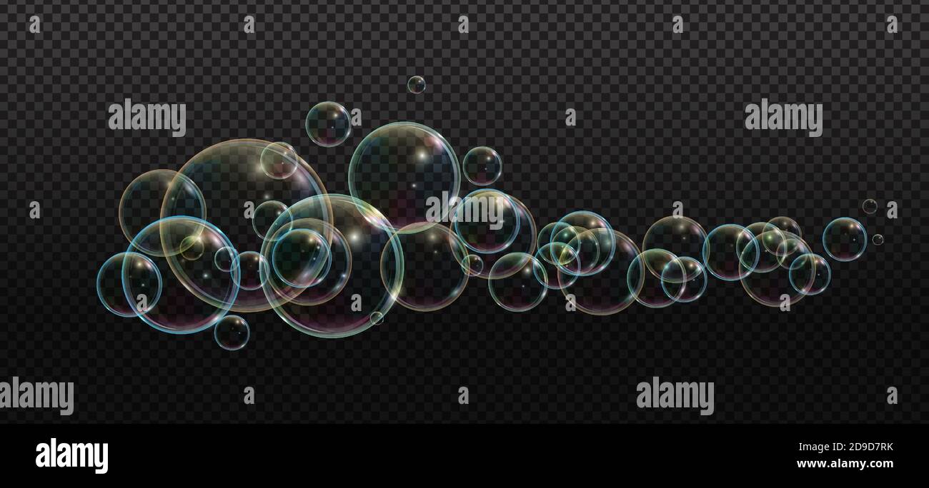 Savon moussant pour le bain avec bulles de néon illustration vectorielle isolée sur fond transparent. Nuage coloré de bulles soufflantes et mousse savonneuse Illustration de Vecteur