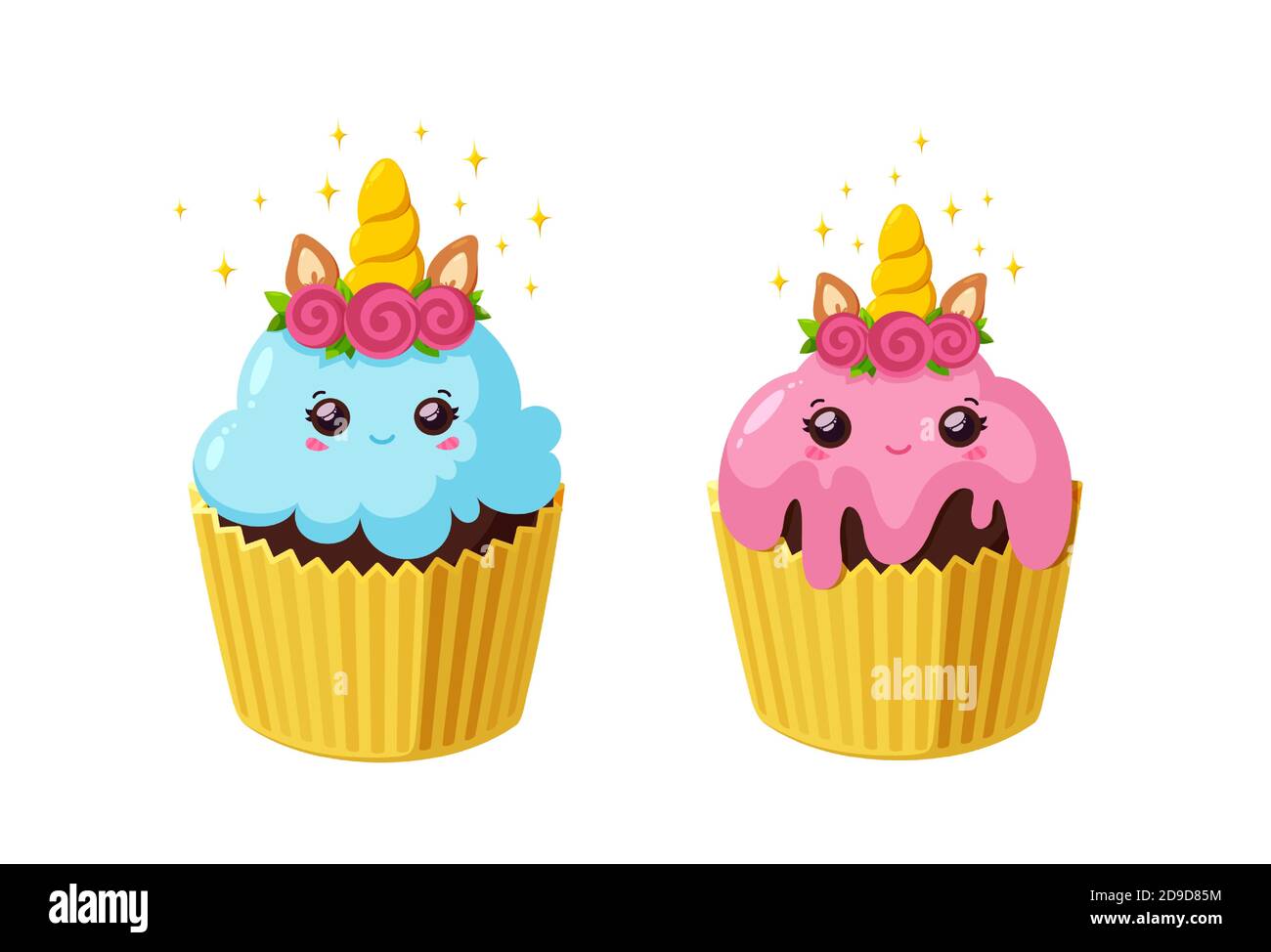 Cupcakes licorne au glaçage brillant. Gâteaux de fées de kawaii dans