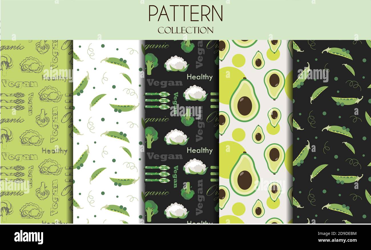 Un ensemble de motifs sans couture avec des légumes. Illustration plate avec pois, champignons, chou, avocat, brocoli, carotte, oignon, tomate, concombre et maïs. Motifs vectoriels dans un jeu de couleurs vives sur un thème d'été. Délicieux, illustrations botaniques pour la publicité de restaurants, magasins, ou épiceries. Produits biologiques végétariens pour un style de vie sain. Illustration de Vecteur