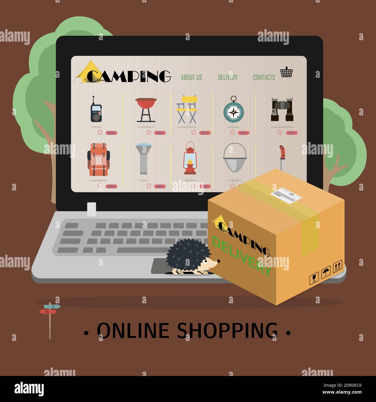 écran d'ordinateur portable avec une boutique en ligne d'équipement de camping et d'alpinisme. Illustration plate du site avec les produits et leur livraison à la maison de l'acheteur. Une application pour smartphone ou un site Web qui vend tout pour une randonnée. Des publicités sur la page d'accueil de votre hobby et une boîte de livraison sur votre ordinateur portable. Illustration de Vecteur