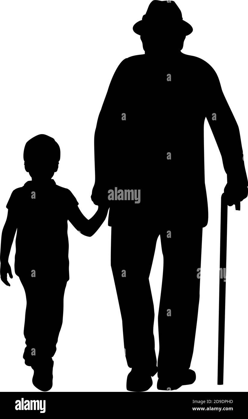Silhouette de grand-père marchant avec petit-fils Illustration de Vecteur