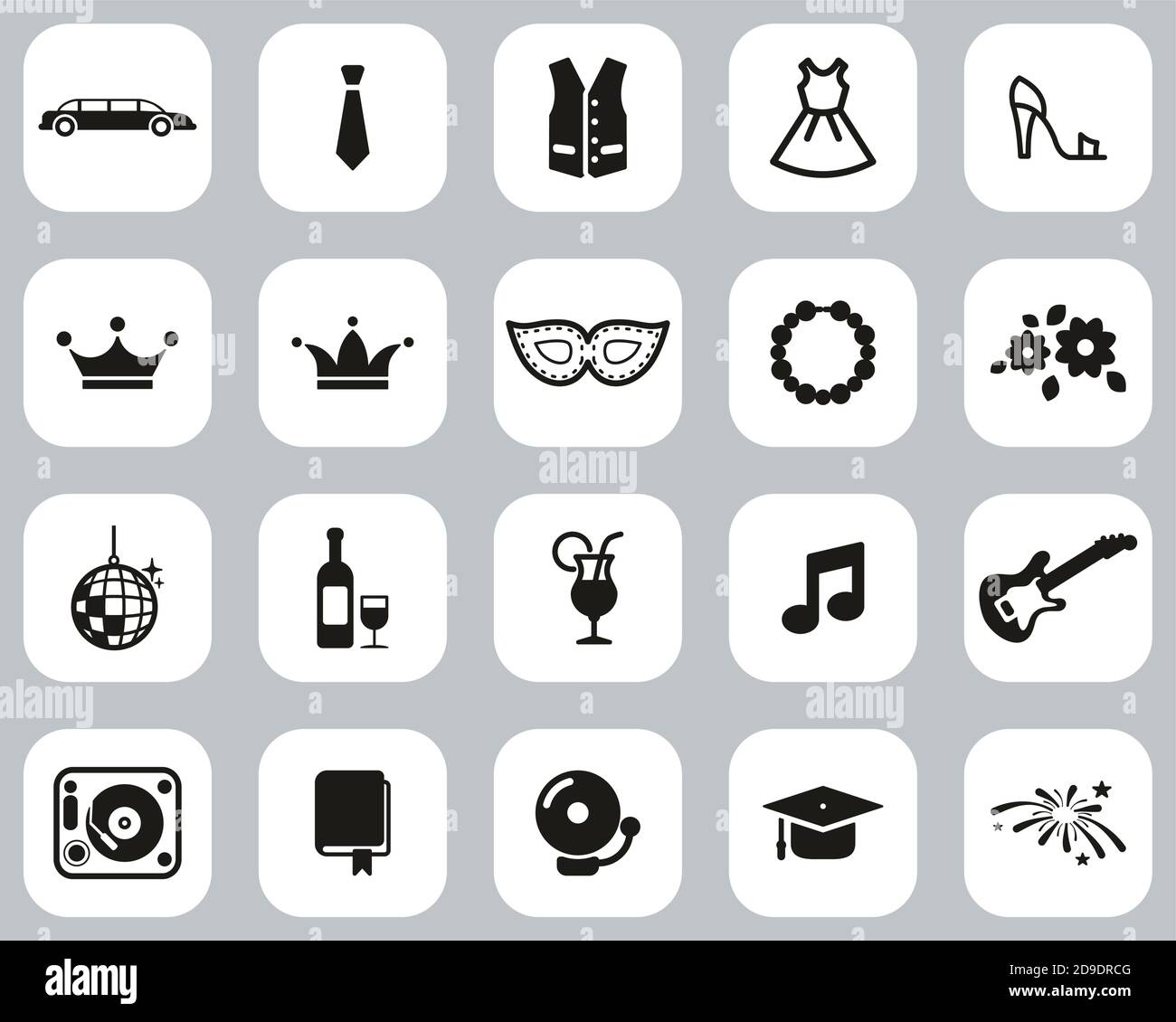 PROM Night Icons Black & White Flat Design Set Big Illustration de Vecteur