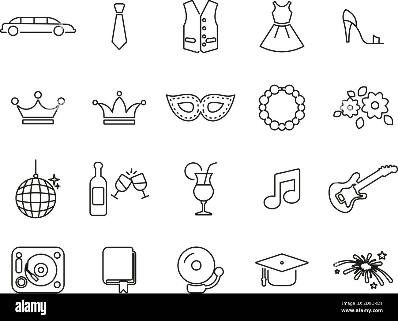 PROM Night Icons Black & White Thin Line Set Big Illustration de Vecteur
