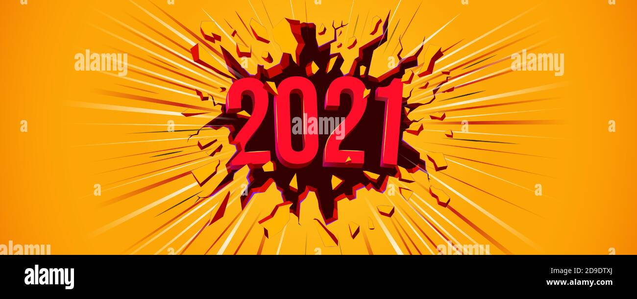 Carte de vœux du nouvel an 2021. Illustration avec texte 3D. Fissure noire dans le mur jaune et la ligne dynamique. Prospectus, arrière-plan, affiche, invitation ou bann Illustration de Vecteur