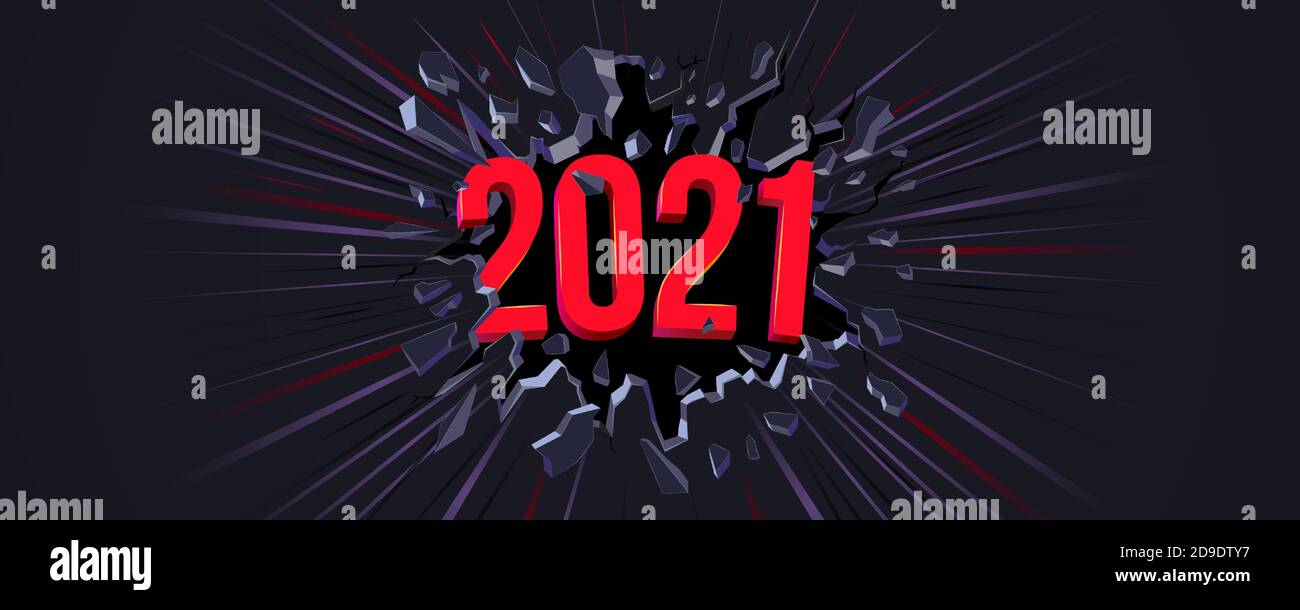 Carte de vœux du nouvel an 2021. Texte 3D. Fissure noire dans le mur noir et la ligne dynamique. Bannière Web, prospectus, arrière-plan, affiche pour la Saint-Sylvestre 2021 Pa Illustration de Vecteur