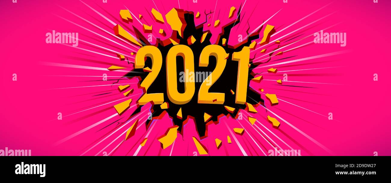 Carte de vœux du nouvel an 2021. Illustration avec texte 3D. Fissure noire dans le mur rose et la ligne dynamique. Prospectus, arrière-plan, affiche, invitation ou bannière Illustration de Vecteur
