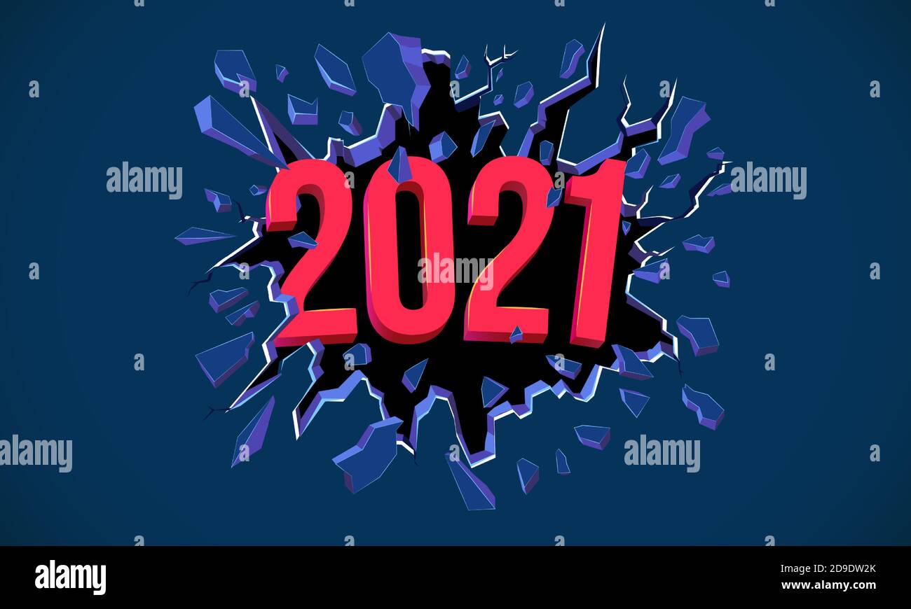 Carte de vœux du nouvel an 2021. Texte 3D. Fissure noire dans le mur bleu. Bannière Web, prospectus, arrière-plan, affiche pour la fête de la Saint-Sylvestre 2021. D Illustration de Vecteur