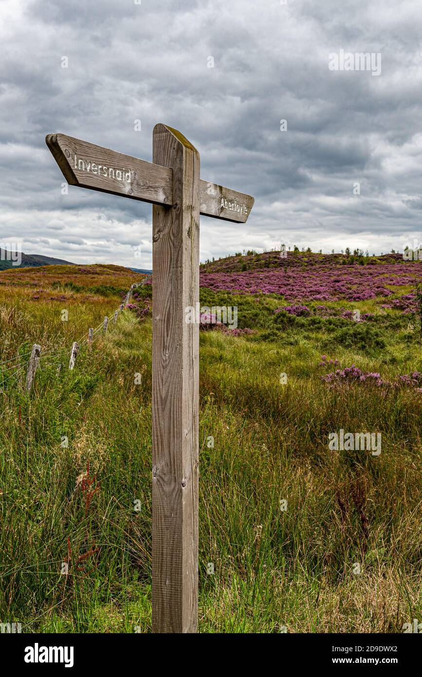 Un panneau en bois couvert pointant vers Inverssnaid Et AberDoyle dans le parc national des Trossachs Banque D'Images