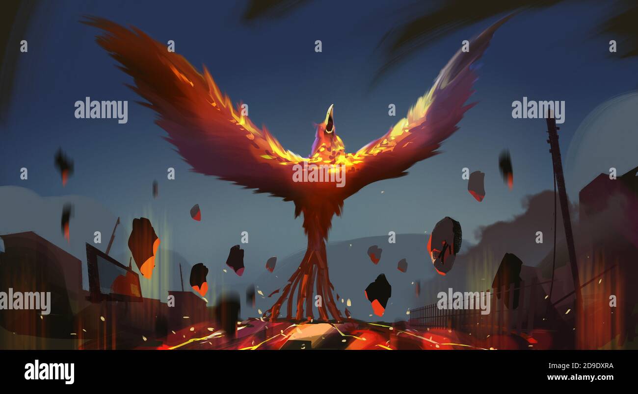 Illustration numérique peinture style design phoenix convoquant de lave et de ruines ville. Banque D'Images