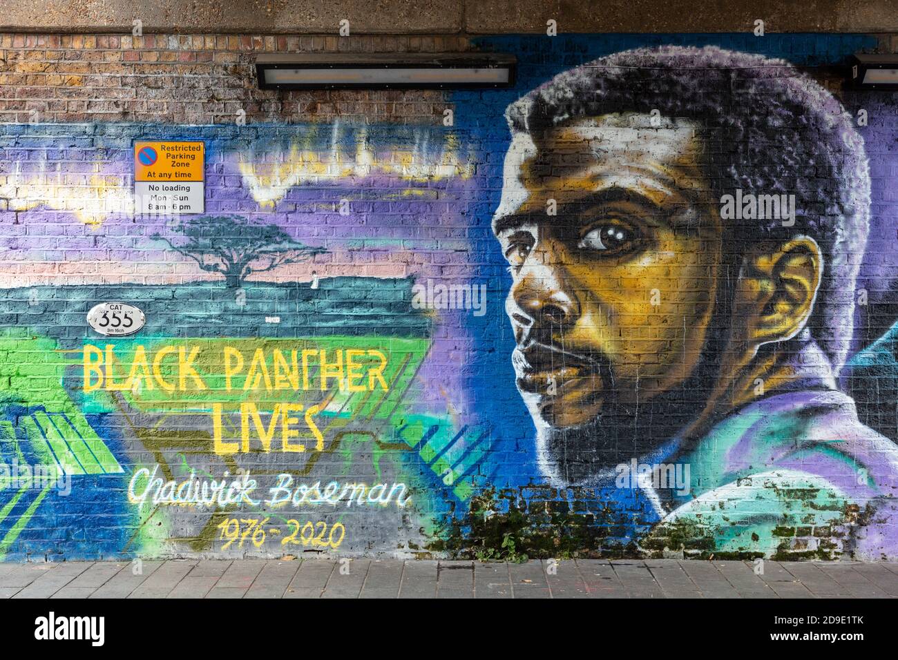 Fresque en hommage à l'acteur décédé Chadwick Boseman sur Pope's Road, Brixton, Londres, 4 novembre 2020 Banque D'Images