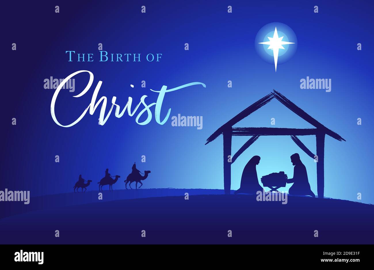 Naissance du Christ, de la Sainte famille et du mangeur. Bébé Jésus atteignant les trois rois sages portent des cadeaux et l'étoile de Bethléem, la nativité graphique de Noël conception Illustration de Vecteur