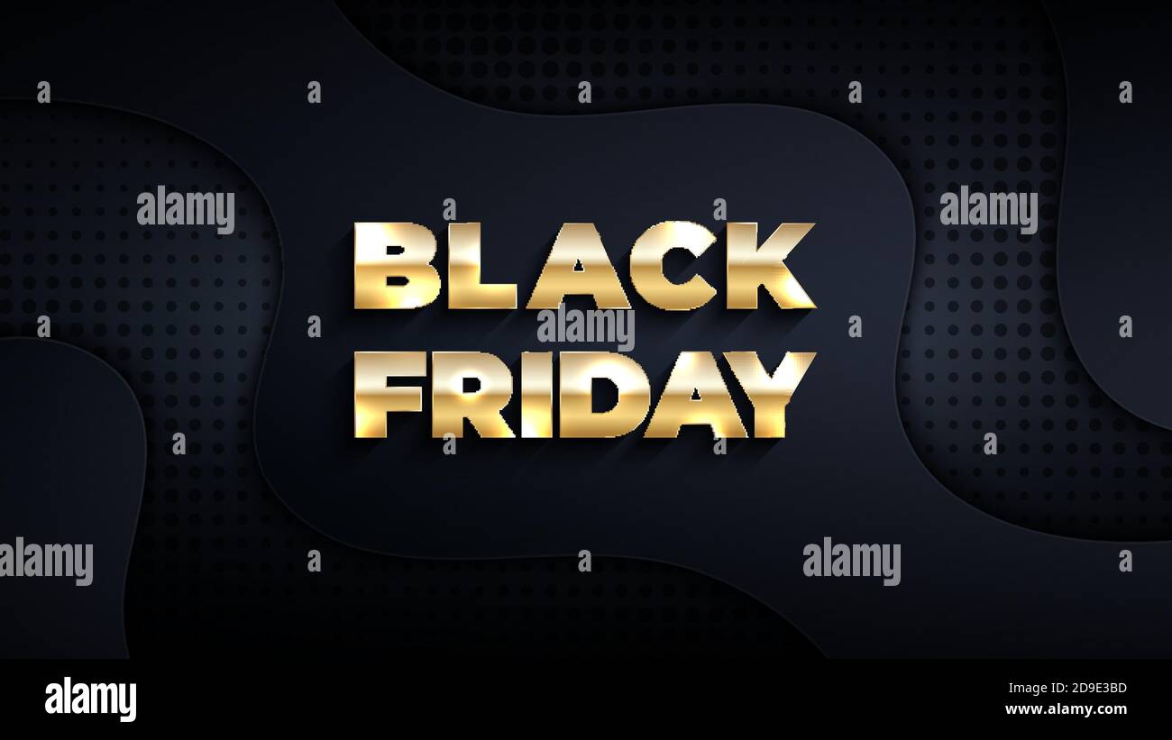 Bannière de vente abstraite pour le Vendredi fou. Illustration vectorielle de texte doré, de formes ondulées et de motifs demi-tons sur fond sombre pour votre conception Illustration de Vecteur