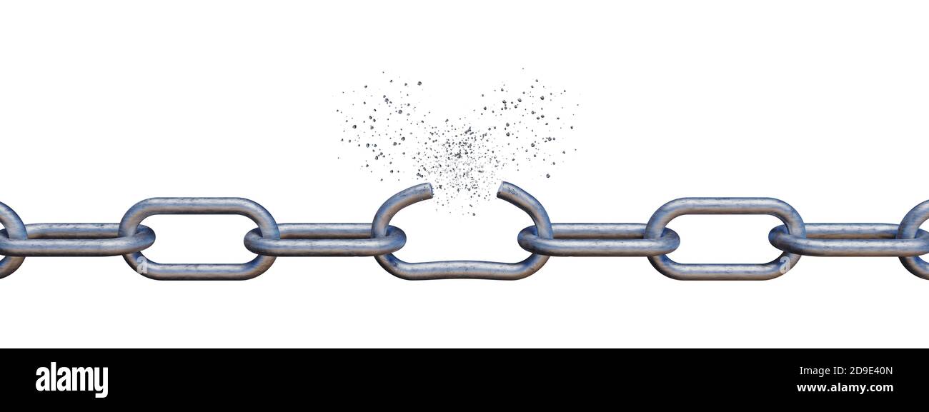 Chaîne cassée isolée sur fond blanc. Illustration de rendu 3D. Banque D'Images