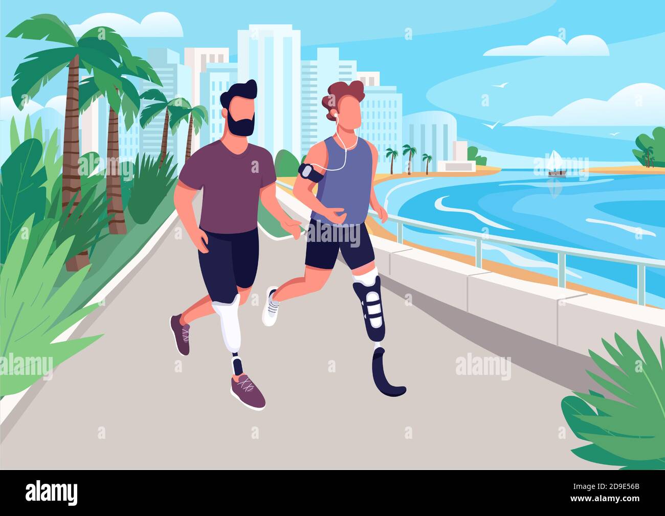 Les gens font du jogging sur l'illustration vectorielle de couleur plate en bord de mer Illustration de Vecteur