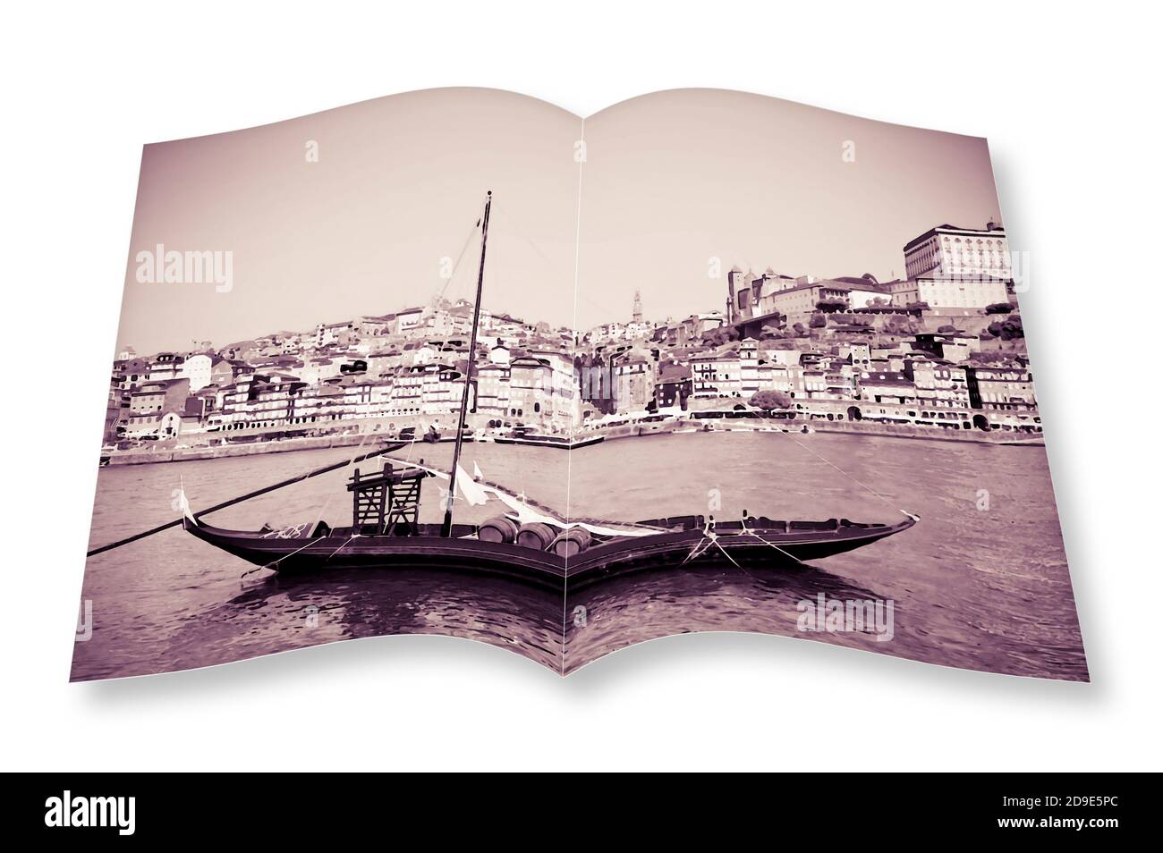 Bateaux en bois typiques portugais, en portugais appelé "Barcos rabelos", utilisé dans le passé pour transporter le célèbre vin de Porto (Portugal) - aquarelle con Banque D'Images