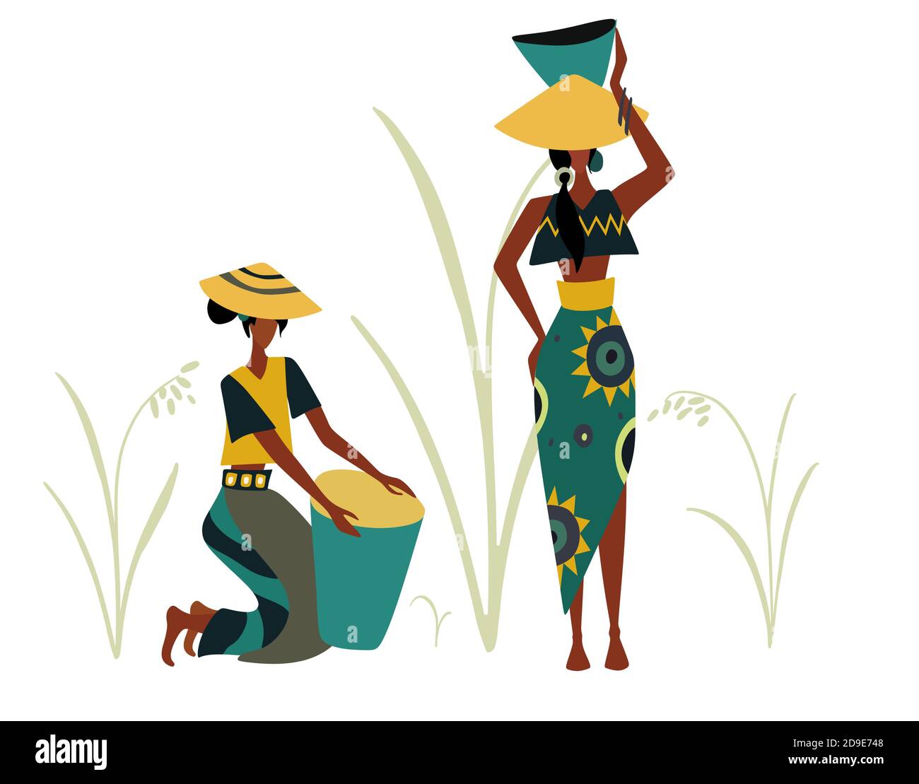 Agriculteurs plats. Jeu d'illustrations vectorielles de champs de riz de ferme asiatique. Illustration de Vecteur