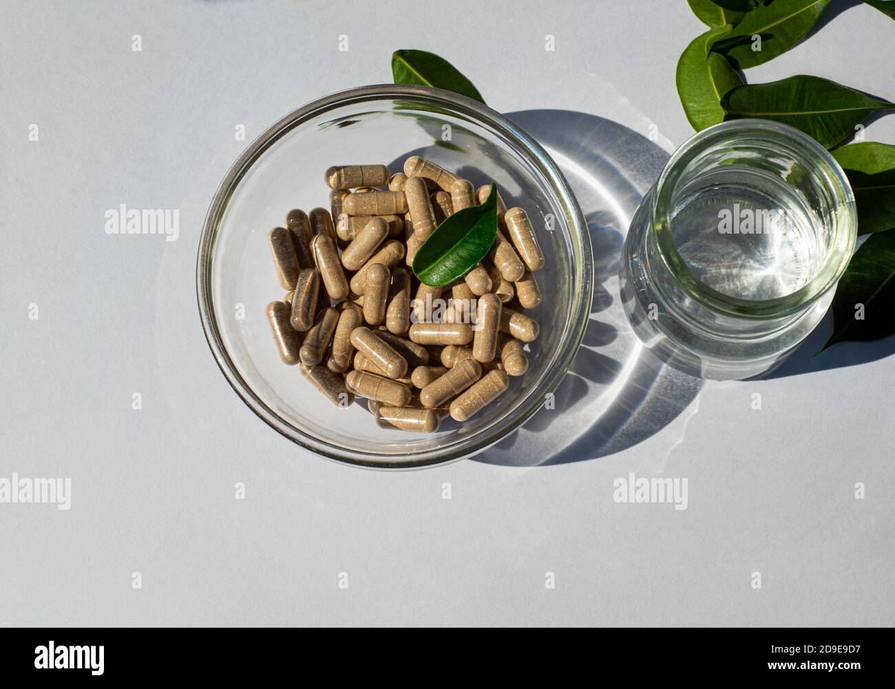 Bol en verre avec capsules et bol en verre avec eau sur fond blanc. Feuilles vertes. L'idée de ​​taking pilules de suppléments minéraux vitamines. Banque D'Images