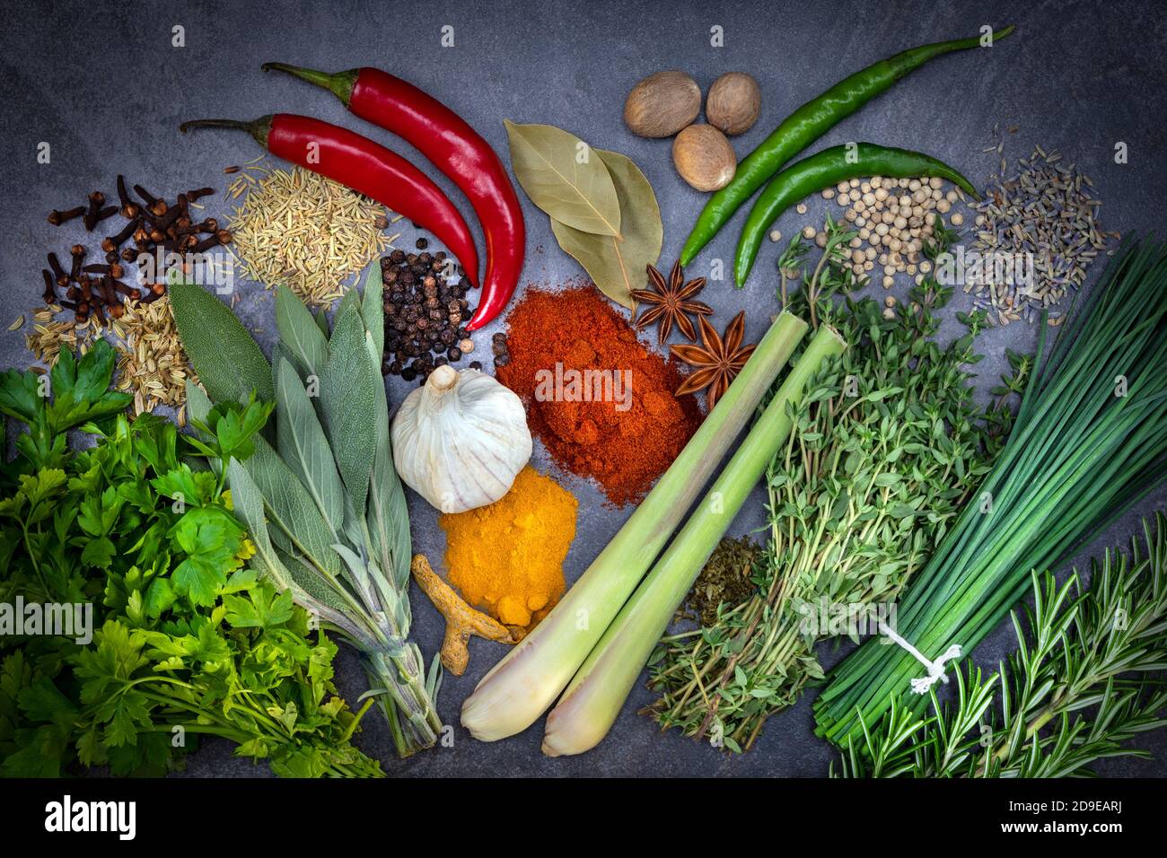 Herbes et épices sur fond gris ardoise. Banque D'Images