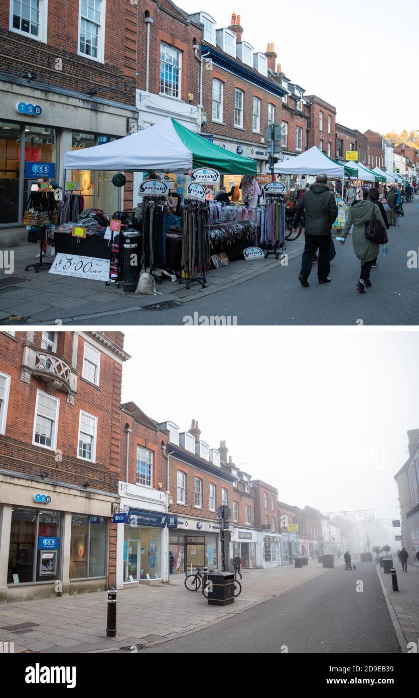 Photo non publiée précédemment (en haut) datée du 4/11/2020 du centre-ville de Winchester à 1556, comparée à la photo prise jeudi à 0938, le premier jour du deuxième confinement national en Angleterre. Banque D'Images