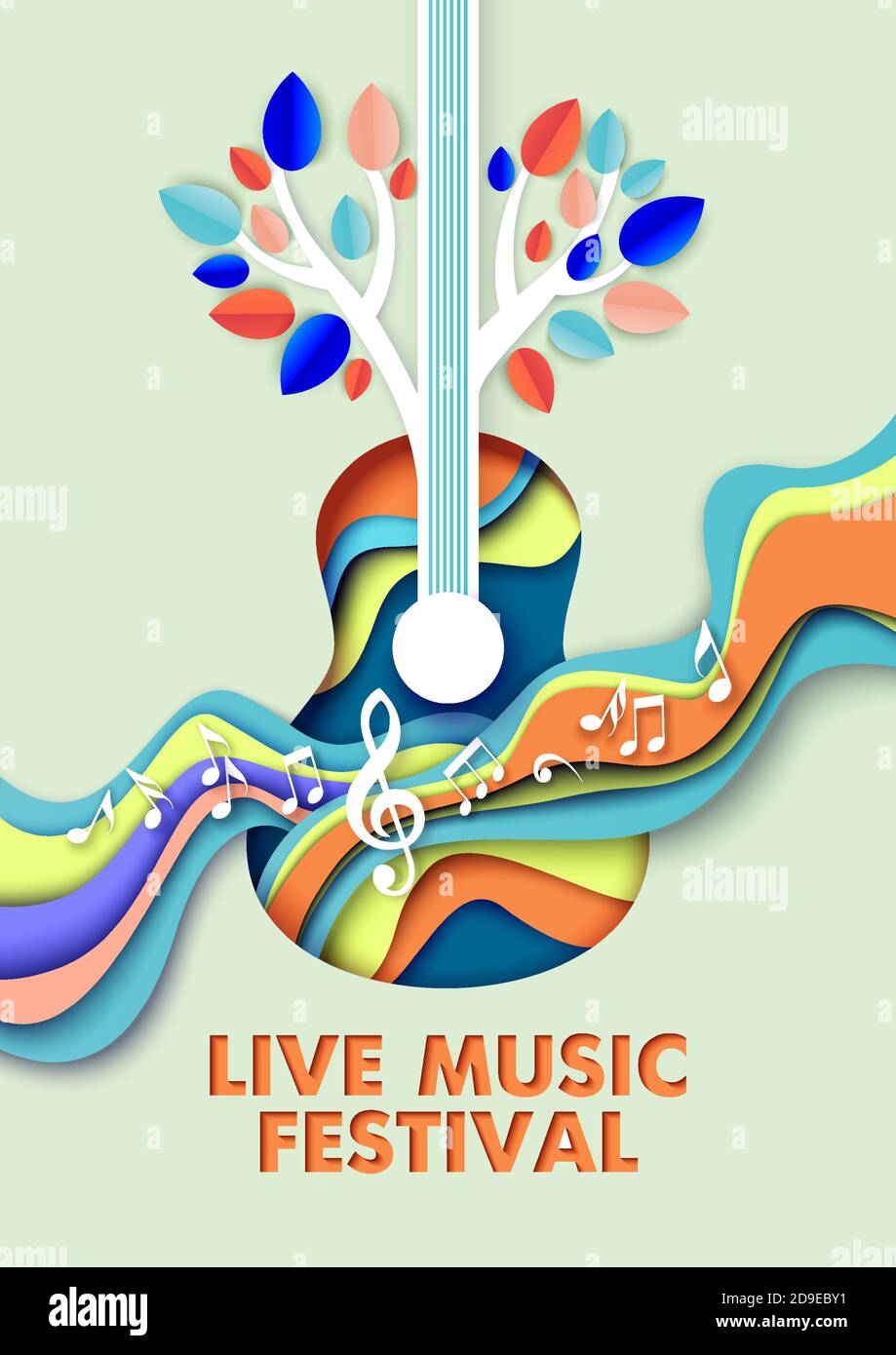 Affiche vectorielle de festival de musique live, modèle de bannière. Guitare acoustique, notes de musique, branches d'arbre, coupe de papier. Illustration de Vecteur