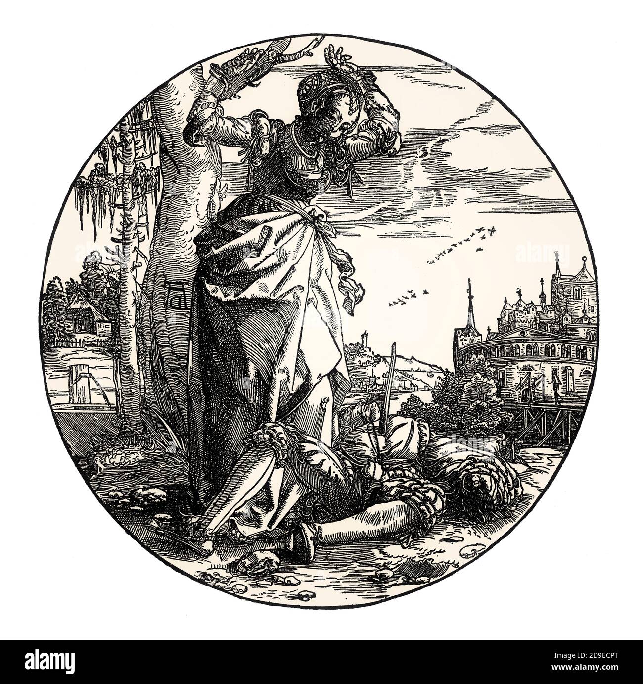 Thisbe agace le Pyramus mort, coupé en bois par Heinrich Aldeverver, XVIe siècle Banque D'Images