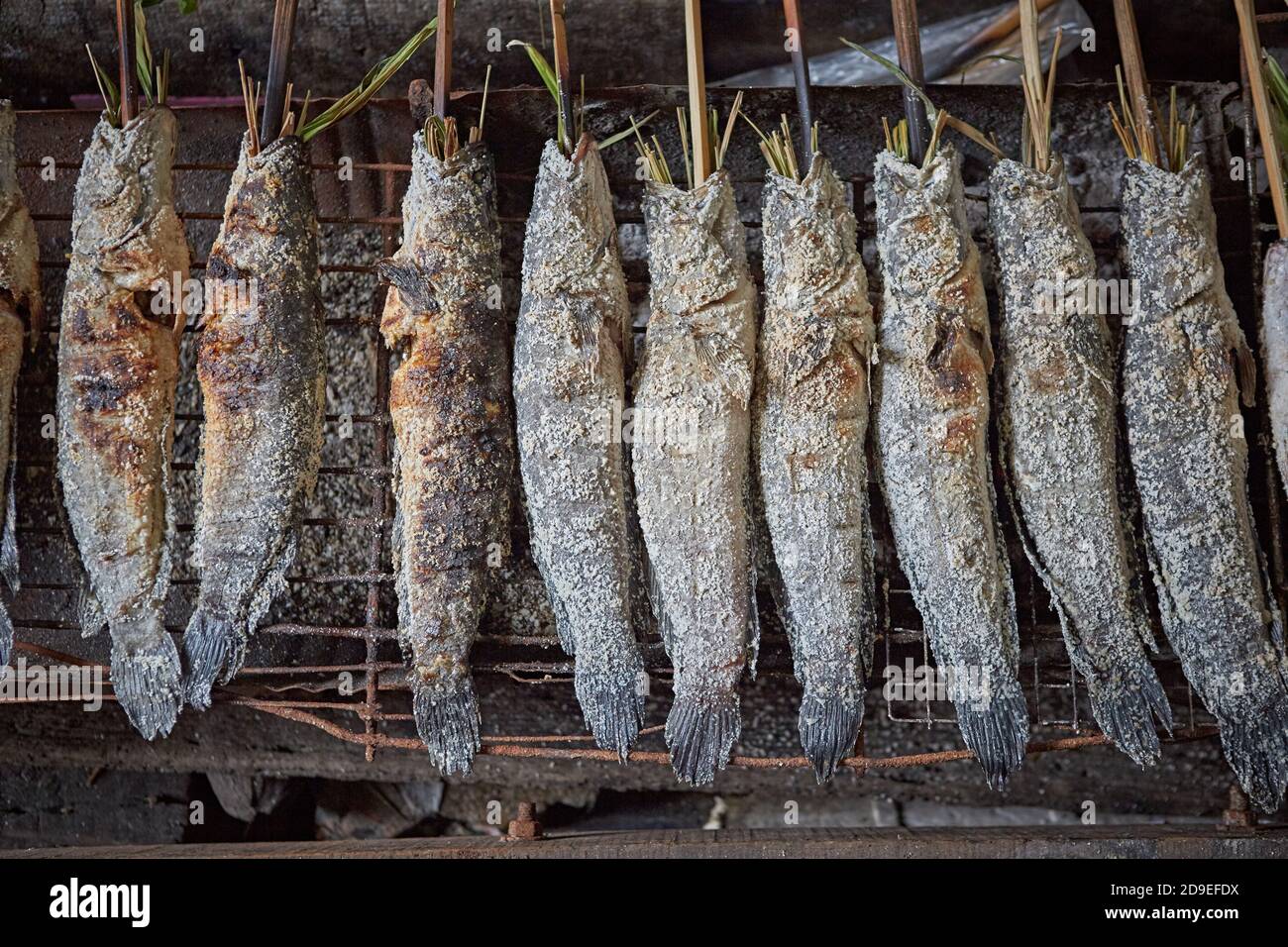 Bangkok, Thaïlande, mars 2016. Poisson grillé au charbon de bois sur le marché flottant. Banque D'Images