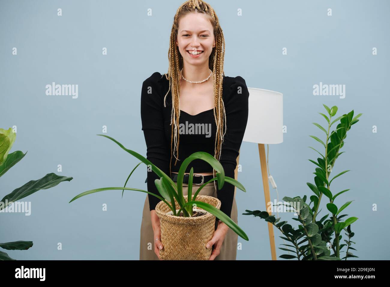 Femme insouciante avec des tresses afro blondes élégantes posant avec des pots plante entre les mains Banque D'Images