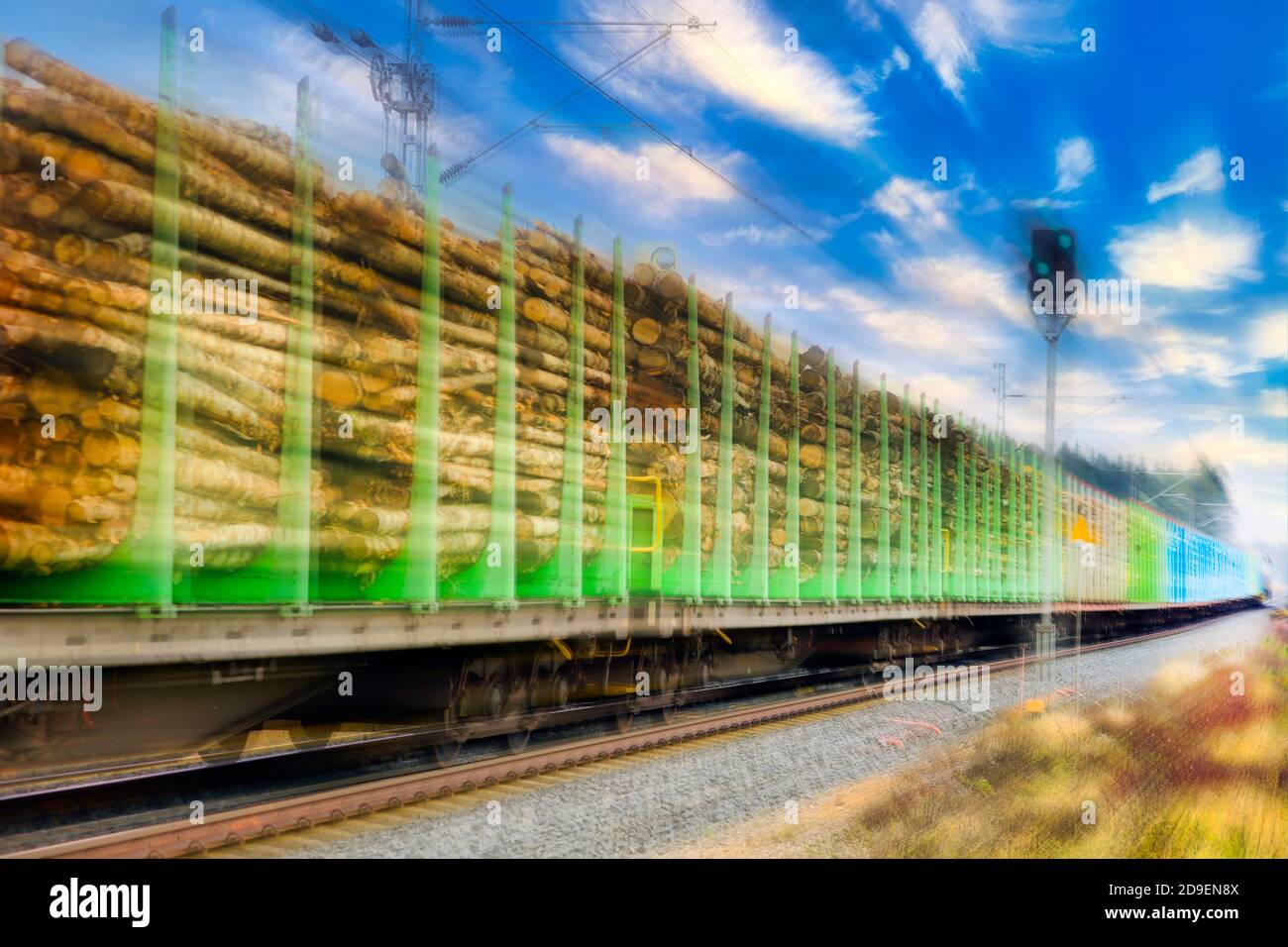 Train de marchandises transportant des grumes de bois en mouvement, flou de mouvement, vue latérale. Banque D'Images