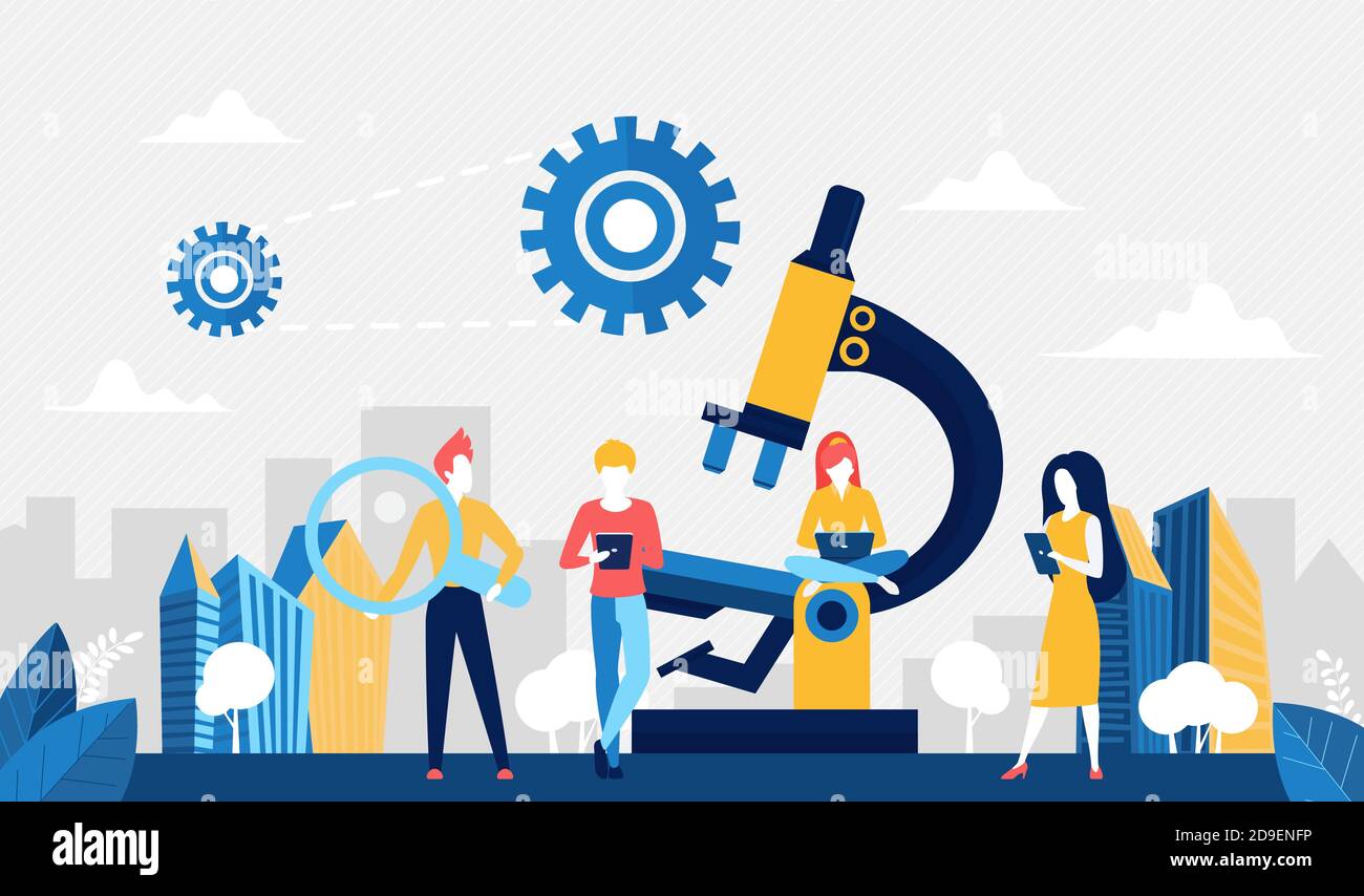 Illustration vectorielle du concept de technologie de développement scientifique. Caricature scientifique biologiste personnages travaillant avec l'équipement de microscope de laboratoire, les dispositifs numériques, la biologie de laboratoire formation technique de recherche Illustration de Vecteur