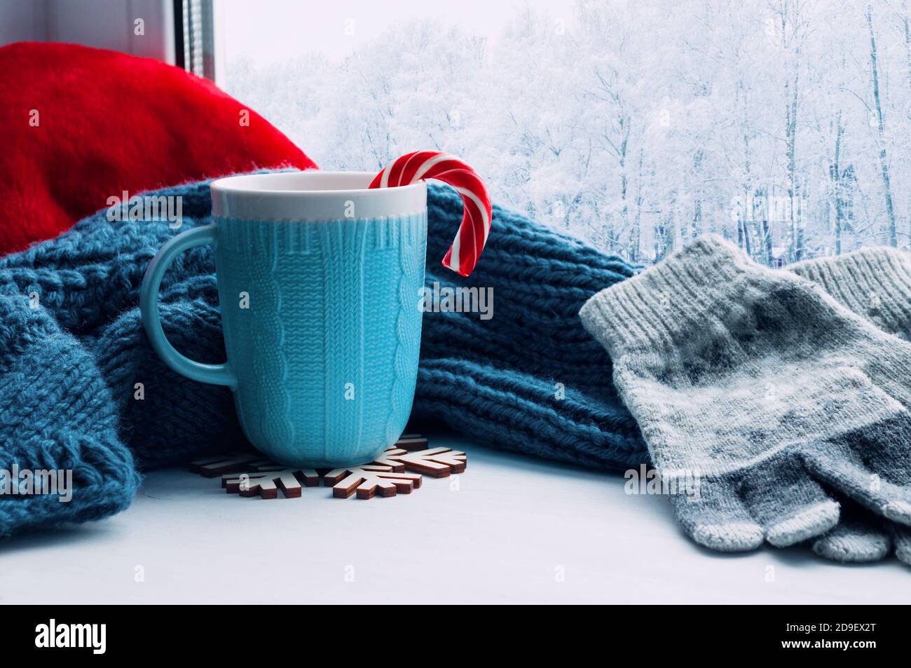 Arrière-plan de Noël d'hiver. Coupe avec canne à sucre, écharpe en laine et  gants sur le rebord de la fenêtre et scène hivernale à l'extérieur. Encore  la vie avec le concept de