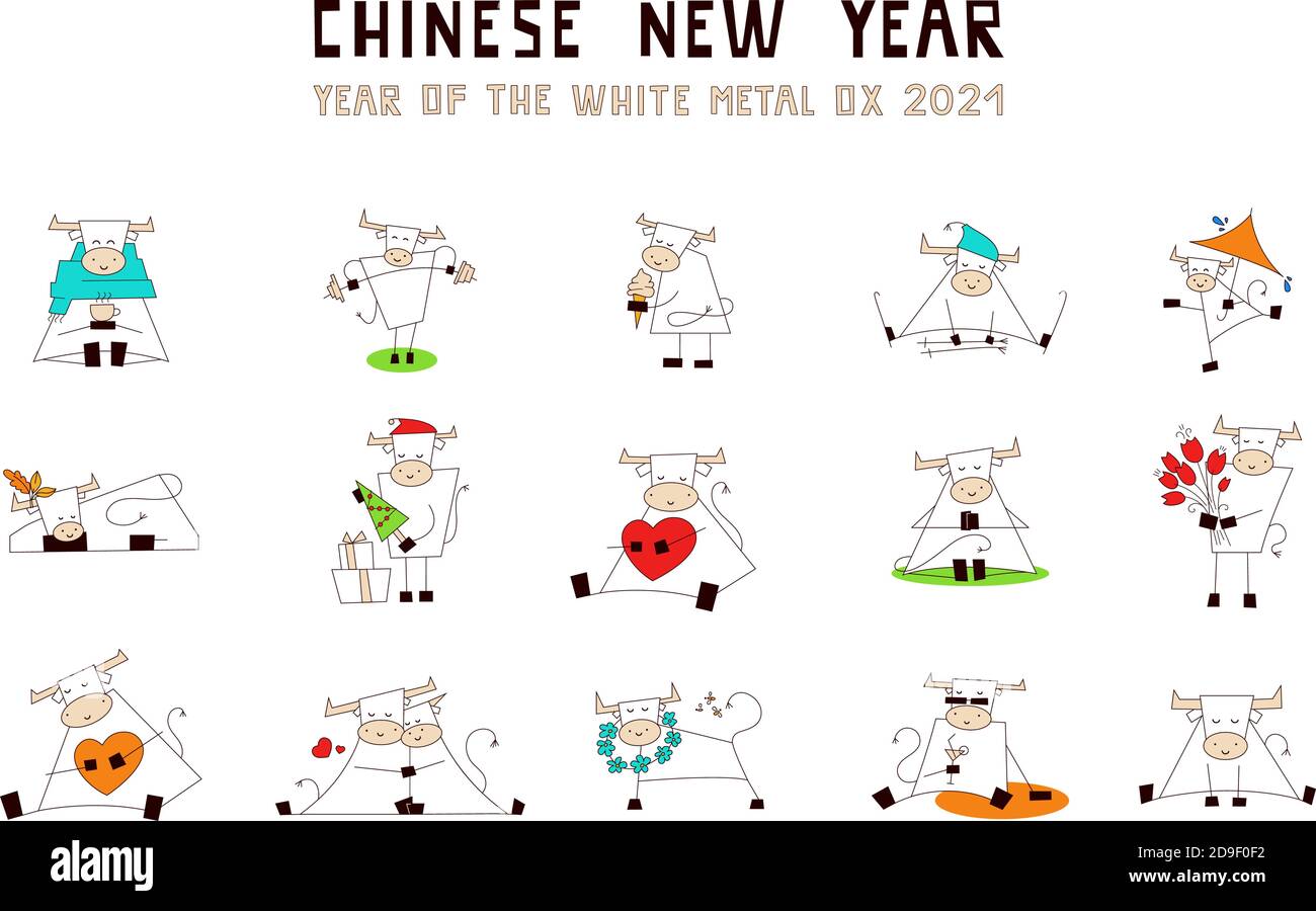 Métal blanc ox. Symbole du nouvel an chinois 2021. Taureau souriant, vache. Ensemble d'illustrations vectorielles de style dessin animé isolées sur blanc. Clip art pour votre Illustration de Vecteur