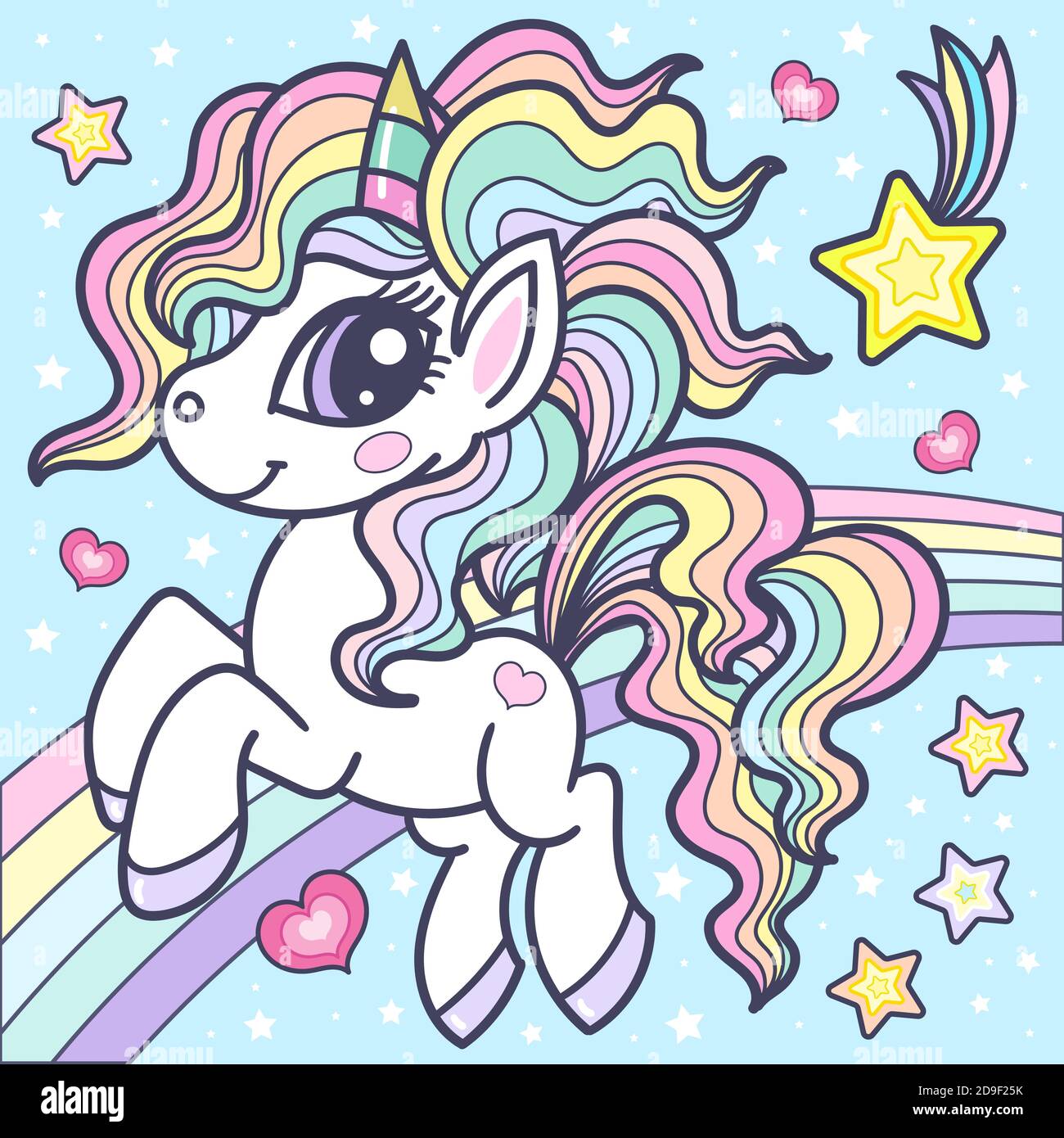 Une petite bande dessinée unicorn gallpe sur un arc-en-ciel. Illustration pour enfants. Pour la conception d'imprimés, d'affiches, de cartes, d'autocollants, de badges, etc. Vector Illustration de Vecteur