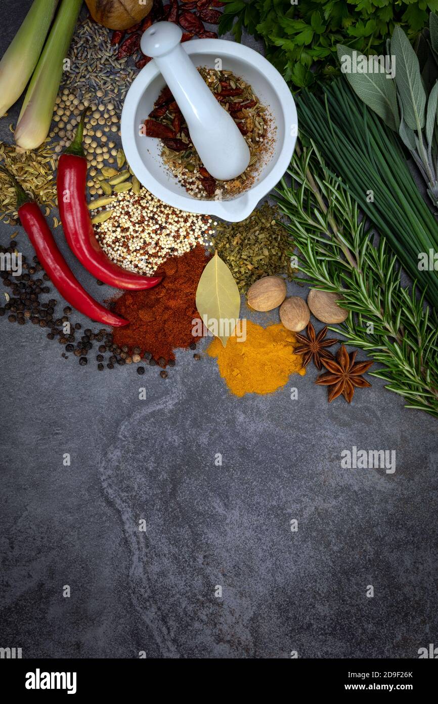 Herbes et épices sur fond gris ardoise avec espace pour le texte. Banque D'Images