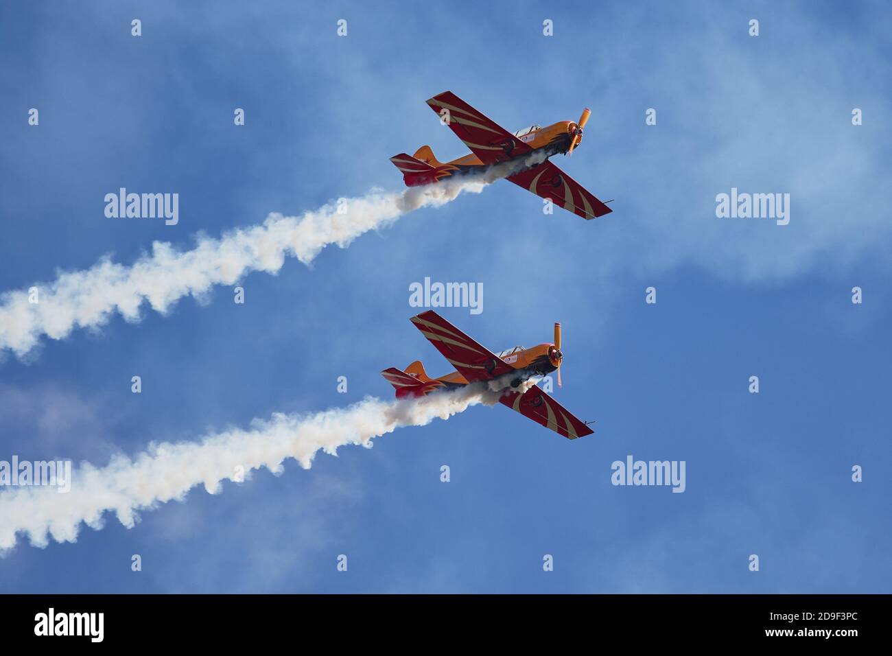 Vol synchrone de deux jumeaux Yakovlev Yak-54 directement au-dessus du public. Spectacle d'aviation à l'aérodrome de Kubinka pendant le forum international Army-2020 du Ministère russe de la défense. Le spectacle aérien de Kubinka est l'un des points forts du forum militaire de l'Armée de terre 2020. Il a généralement lieu en parallèle avec les jeux de l'armée. En 2020, ils ont effectué des acrobaties aériennes dans le ciel : des hélicoptères de combat mi-28, l'équipe de voltige Swifts sur le MIG-29, les Chevaliers russes sur le su-30SM et le su-35S, ainsi que le seul groupe en Russie sur les avions à pistons sportifs « le premier vol ». L'un des Yak-54s était en voiture Banque D'Images Vol synchrone de deux jumeaux Yakovlev Yak-54 directement au-dessus du public. Spectacle d'aviation à l'aérodrome de Kubinka pendant le forum international Army-2020 du Ministère russe de la défense. Le spectacle aérien de Kubinka est l'un des points forts du forum militaire de l'Armée de terre 2020. Il a généralement lieu en parallèle avec les jeux de l'armée. En 2020, ils ont effectué des acrobaties aériennes dans le ciel : des hélicoptères de combat mi-28, l'équipe de voltige Swifts sur le MIG-29, les Chevaliers russes sur le su-30SM et le su-35S, ainsi que le seul groupe en Russie sur les avions à pistons sportifs « le premier vol ». L'un des Yak-54s était en voiture Banque D'Images