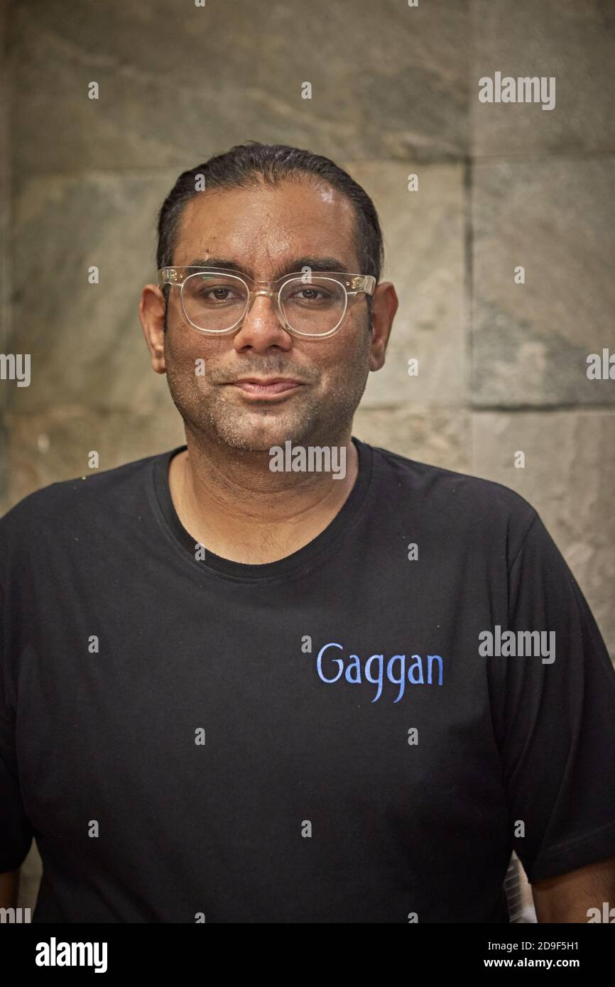 Bangkok, Thaïlande, mars 2016. Portrait du chef Gaggan Anand dans son propre restaurant. Banque D'Images