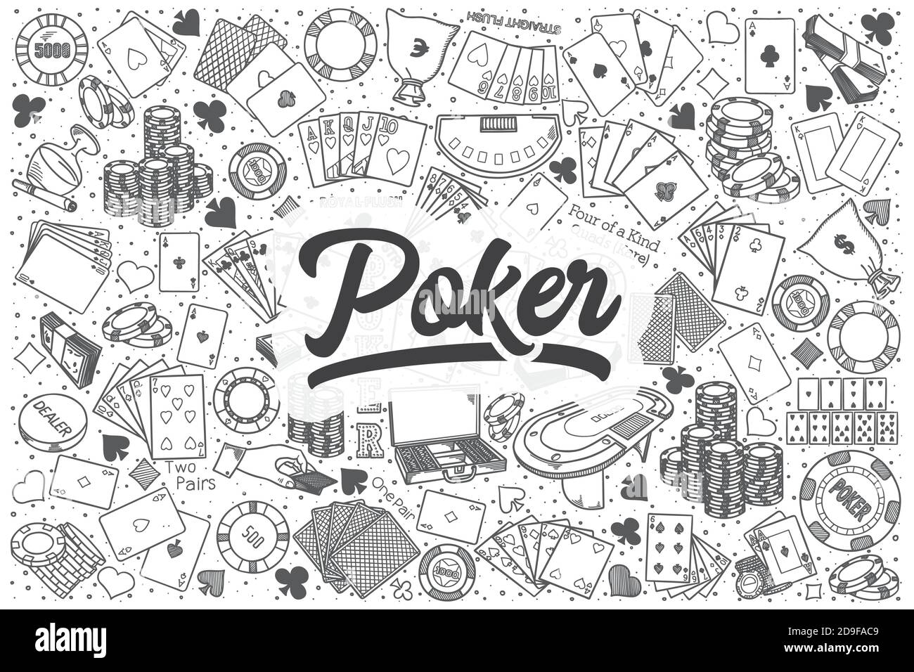 Jeu de doodle vectoriel de poker dessiné à la main. Illustration de Vecteur