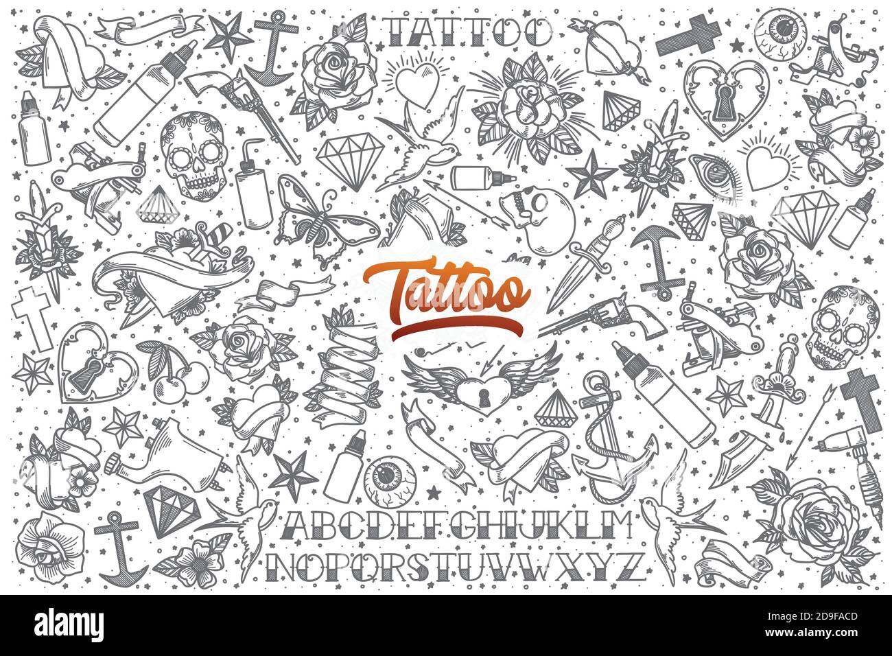 Ensemble de doodle Tattoo à dessin main avec lettres Illustration de Vecteur
