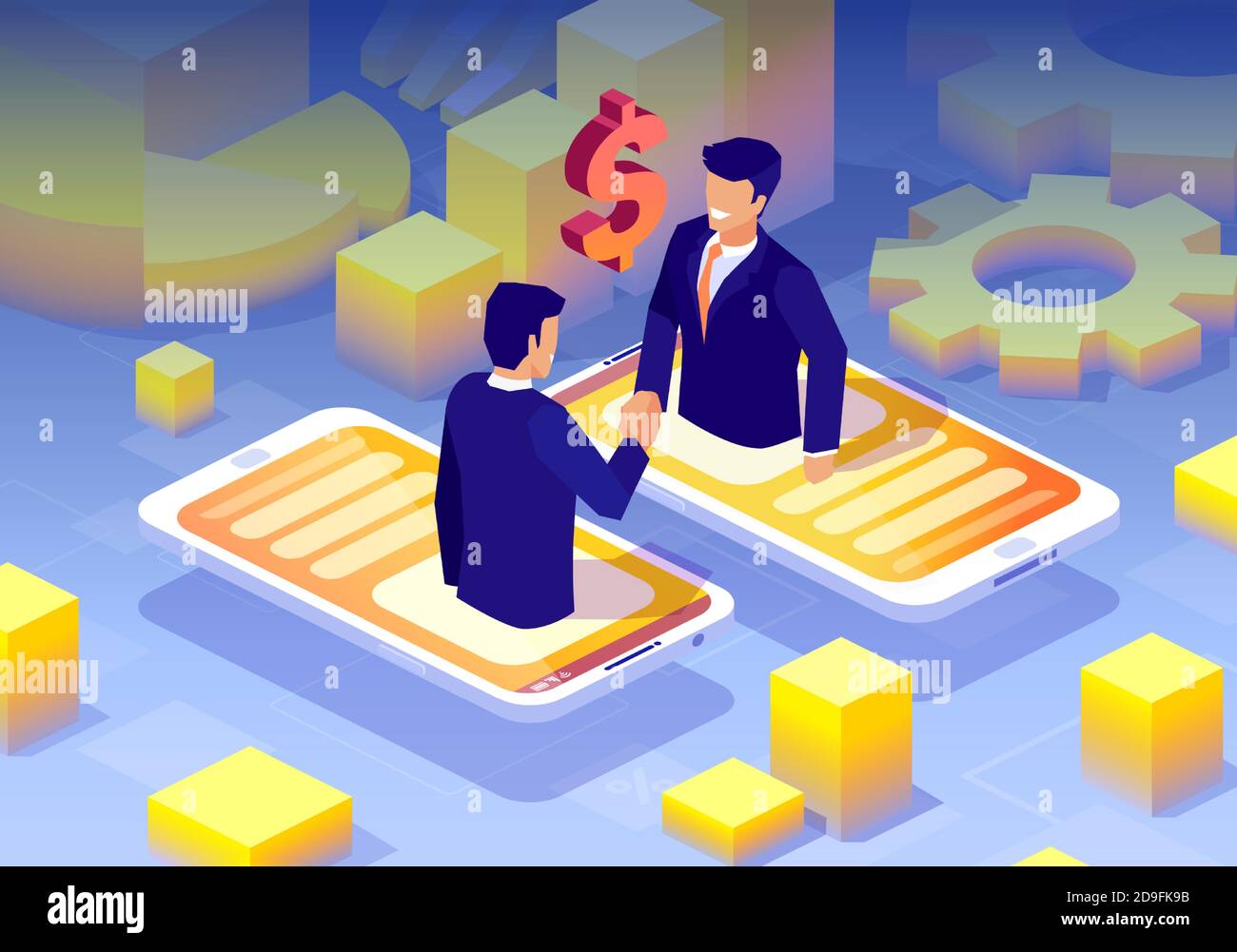 Vecteur d'une négociation en ligne entre deux hommes d'affaires via technologie d'application mobile Illustration de Vecteur
