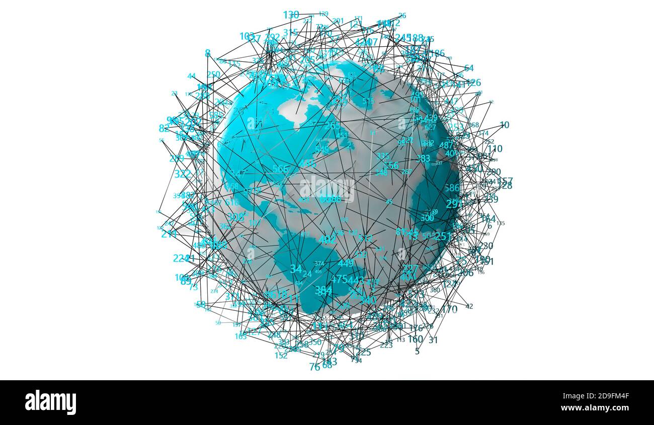 Carte du monde et structure des données. Résumé de la communication et de la technologie. Science des données et concept Big Data. Illustration 3d Banque D'Images