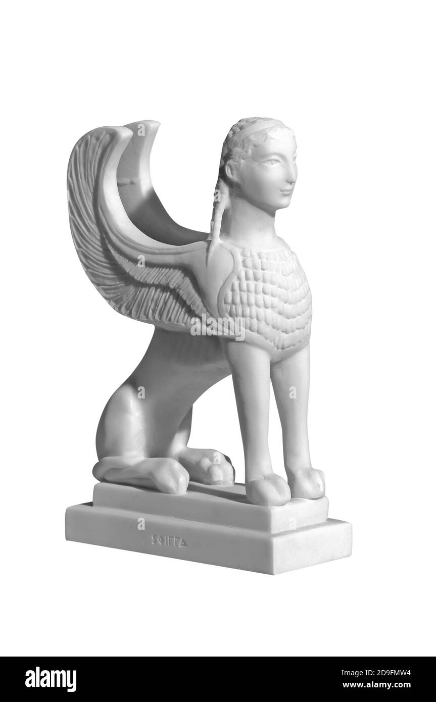 Statuette en marbre classique d'un Sphinx sur un fond blanc Banque D'Images