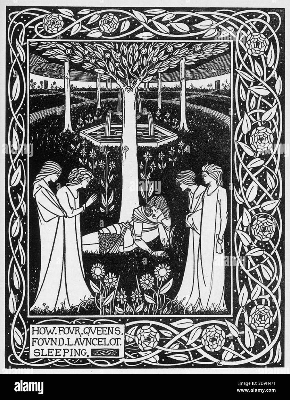SIR LANCELOT ET L'illustration DES TROIS REINES du ROI ARTHUR par Audrey Beardsley pour « le Morte d'Arthur » par Thomas Malory (1893) Banque D'Images