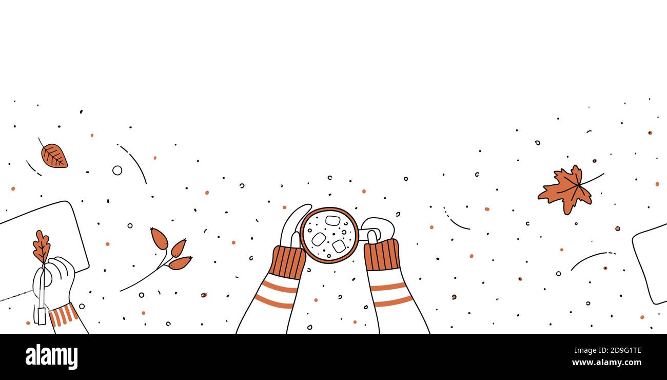 Bordure romantique horizontale sans couture d'automne.mains féminines tenant une tasse de café, latte ou cacao, feuilles d'automne orange, branche de hanches roses, main tire feuille de chêne Illustration de Vecteur