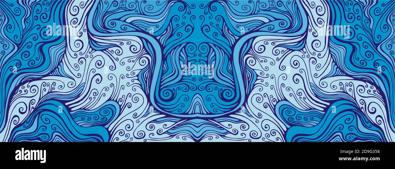 Miroir Doodle FANTASY cadre ondulé, tons bleus colorés. Illustration de Vecteur