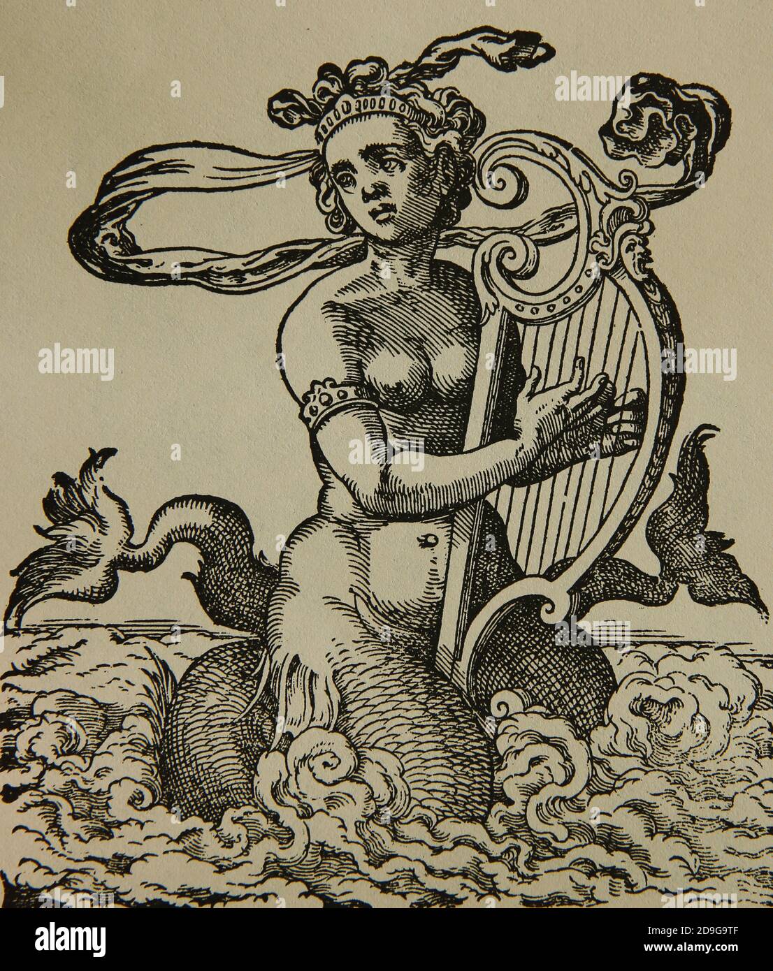 Sirène jouant une harpe. Gravure par Jost Amman, 1599. Banque D'Images