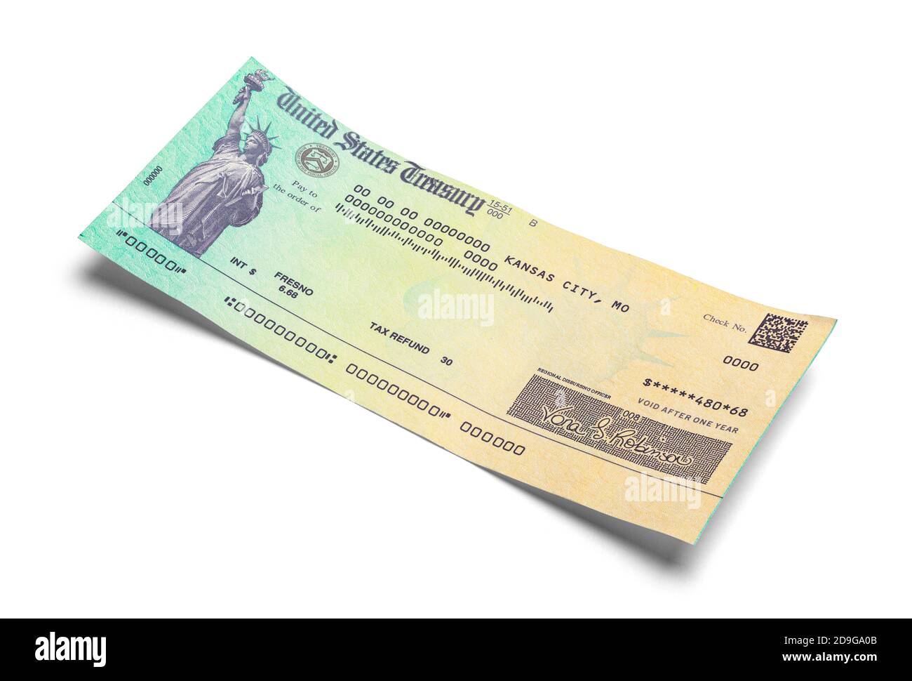 Chèque de remboursement de taxe avec espace de copie découpé sur blanc. Banque D'Images